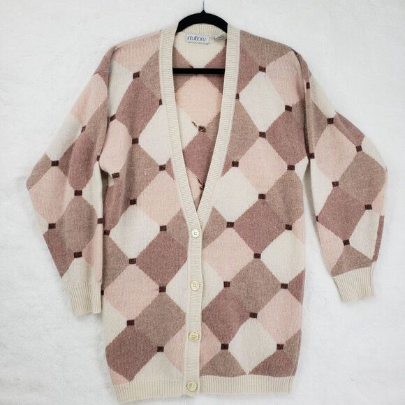 Vintage 80s Intuitions Cardigan Sweater Women Small Argyle Lambswool Angora Knit - Picture 1 of 8